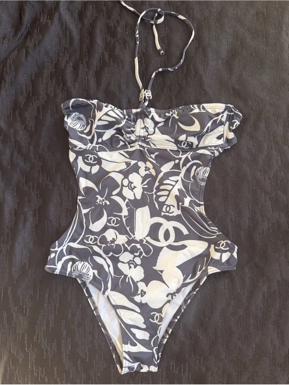 Chanel Coco beach White Navy Blue One Piece Swimsuit 38